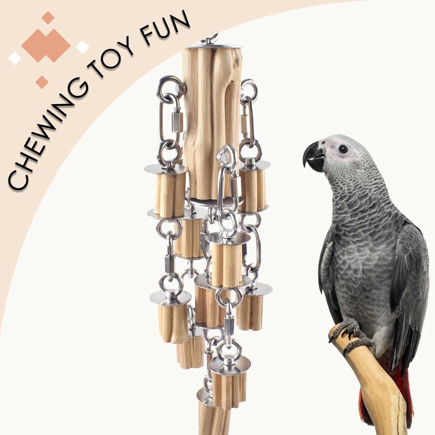 Parrot Toys for Large Birds with Detachable Parts, 304 Stainless Steel and Natural Hardwood Chew Toy for Macaw, Cockatoo, African Greys, Medium to Large Parrots, Safe and Durable