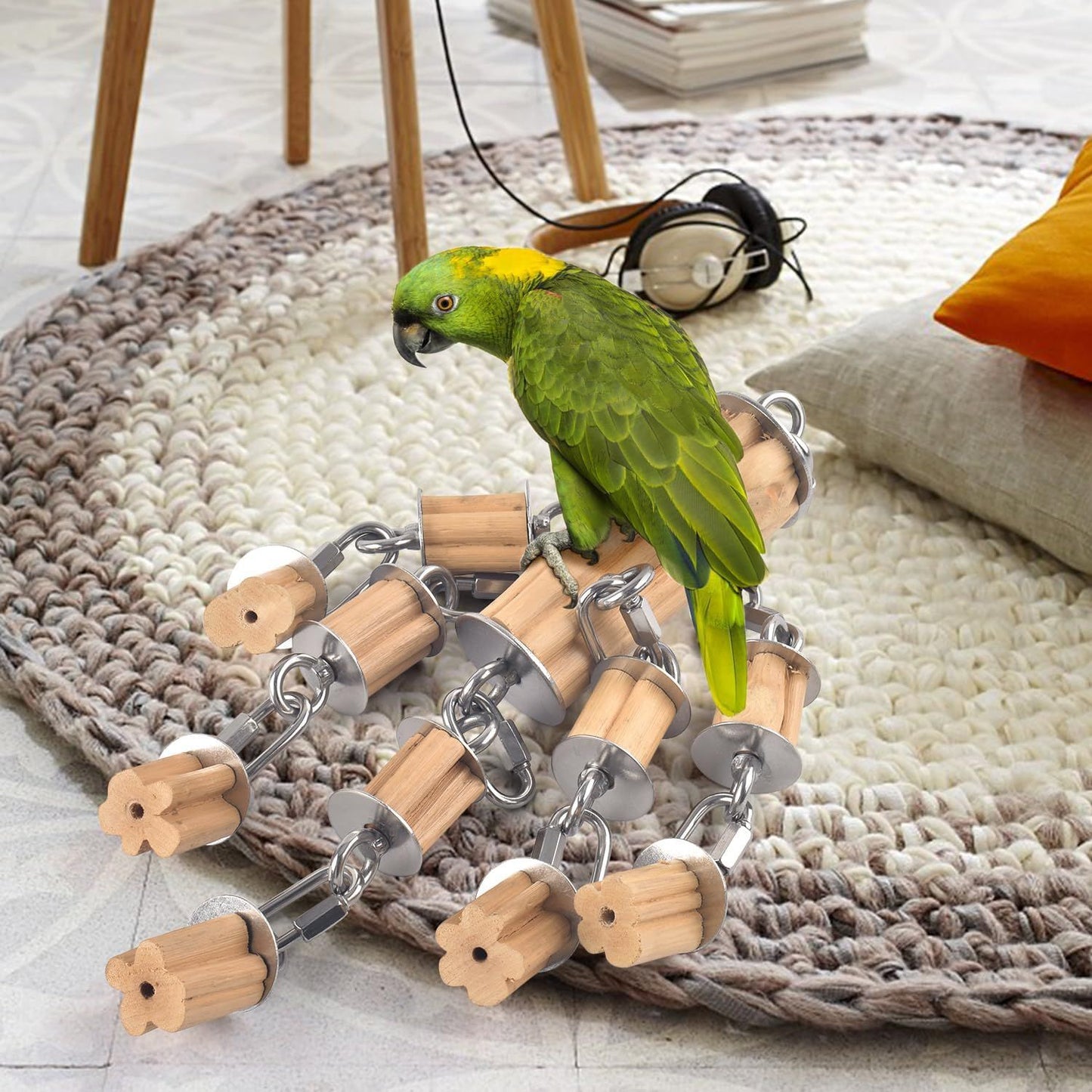 Parrot Toys for Large Birds with Detachable Parts, 304 Stainless Steel and Natural Hardwood Chew Toy for Macaw, Cockatoo, African Greys, Medium to Large Parrots, Safe and Durable