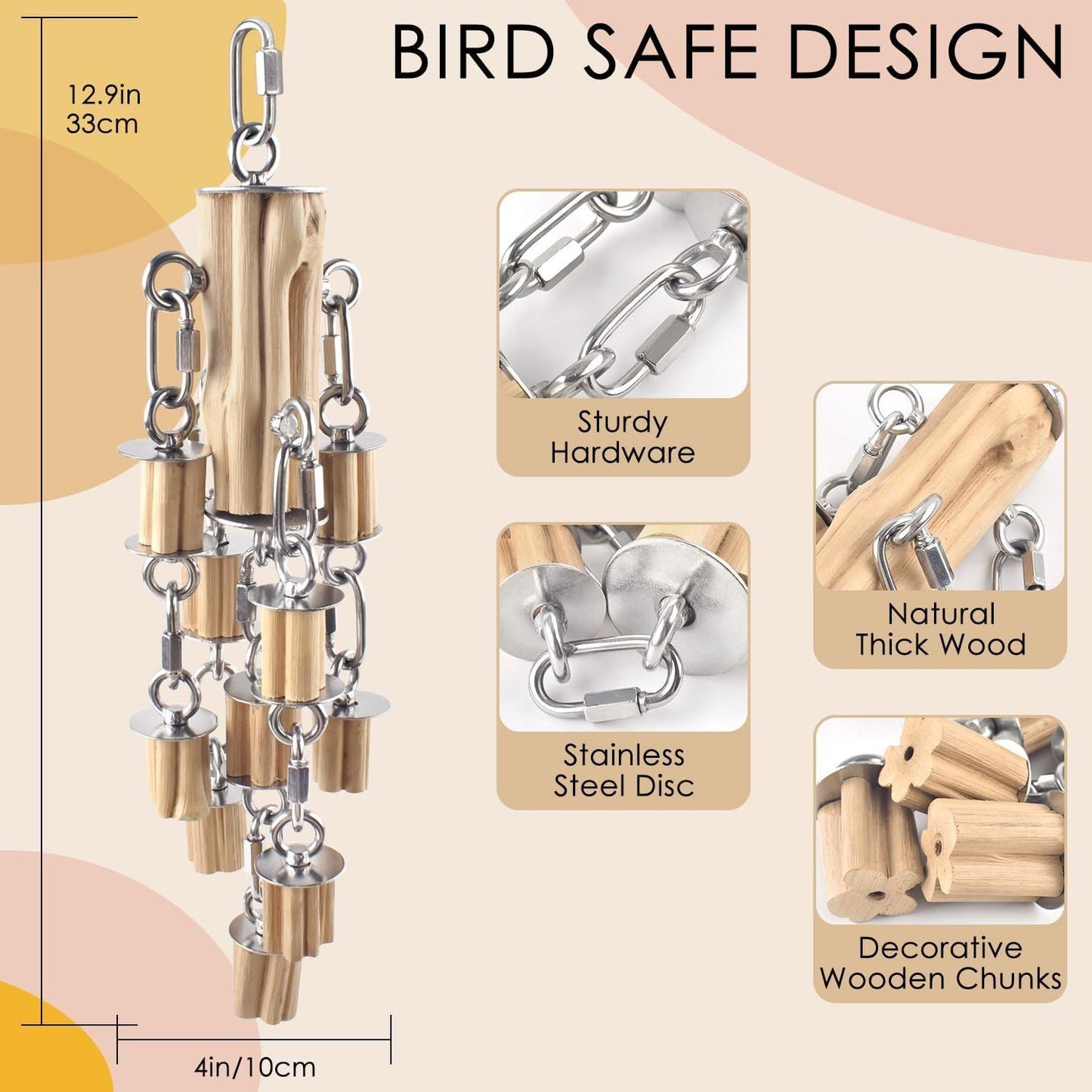 Parrot Toys for Large Birds with Detachable Parts, 304 Stainless Steel and Natural Hardwood Chew Toy for Macaw, Cockatoo, African Greys, Medium to Large Parrots, Safe and Durable