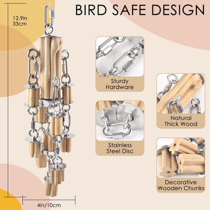 Parrot Toys for Large Birds with Detachable Parts, 304 Stainless Steel and Natural Hardwood Chew Toy for Macaw, Cockatoo, African Greys, Medium to Large Parrots, Safe and Durable