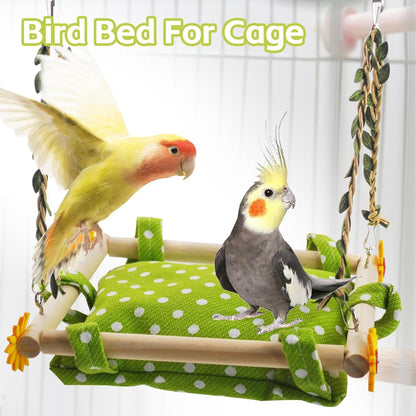Bird Nest for Cage Parakeets Sleeping Bed Hanging Bird Hammock Parrot Bed Nest Wooden Perch Stand Swing for Lovebird, Small Pets-（square）