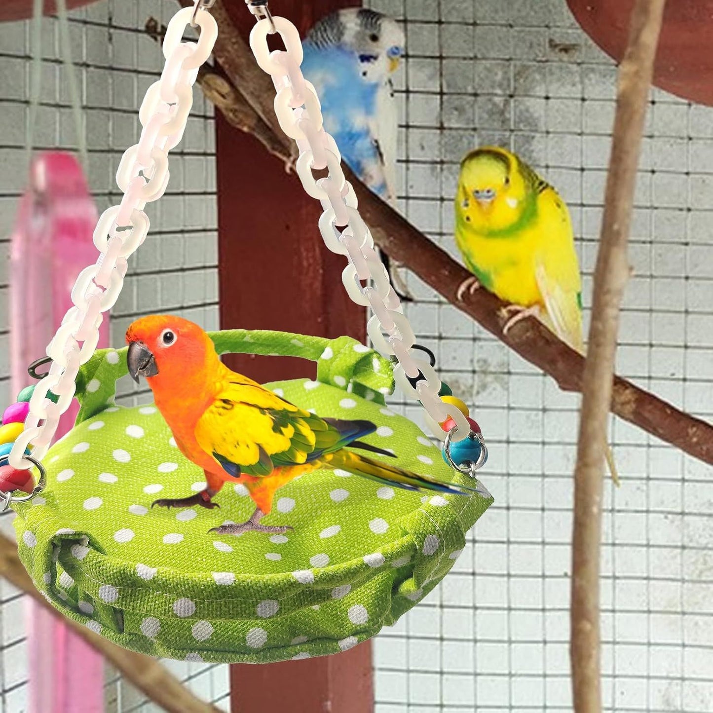 Hanging Parakeet Hammock,Medium Bird Beds for Cages Circle Bird Cage Hammock Swing,Green Cockatiel Sleeping Bed Nest Toy for Parrot Cockatoo Lovebird Conure Chain Cradle