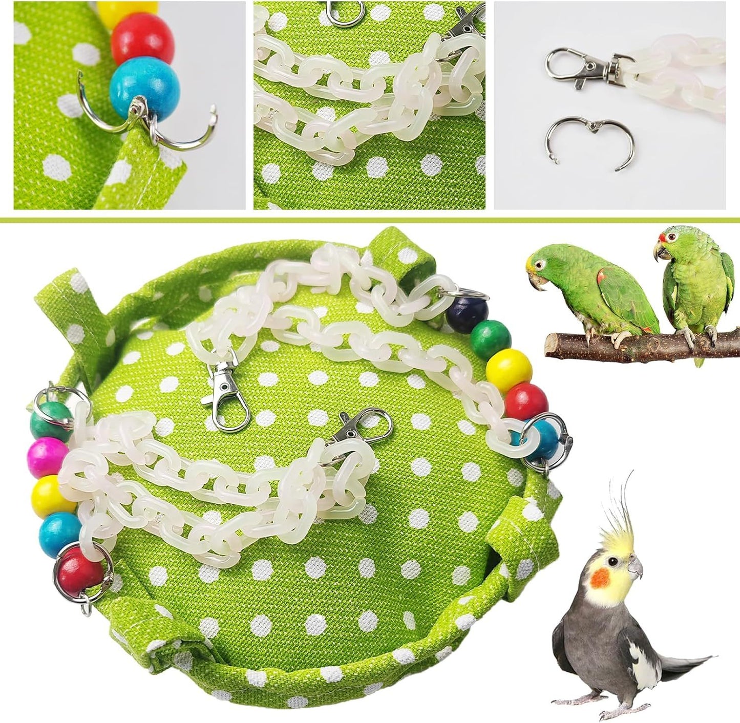 Hanging Parakeet Hammock,Medium Bird Beds for Cages Circle Bird Cage Hammock Swing,Green Cockatiel Sleeping Bed Nest Toy for Parrot Cockatoo Lovebird Conure Chain Cradle