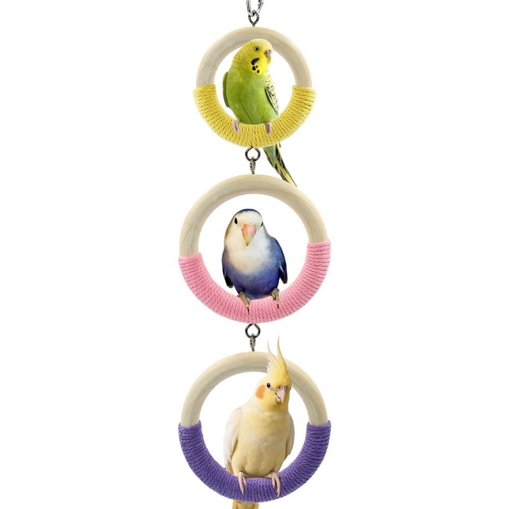 3-Ring Bird Swing Toy, Wrapped with Cotton Rope for Parrots Soft Grip, Thick Wood Parakeet Swing Perch for Cage, Hanging Climbing Bird Toys for 2-3 Parrots Budgies, Lovebirds