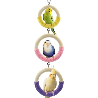 3-Ring Bird Swing Toy, Wrapped with Cotton Rope for Parrots Soft Grip, Thick Wood Parakeet Swing Perch for Cage, Hanging Climbing Bird Toys for 2-3 Parrots Budgies, Lovebirds