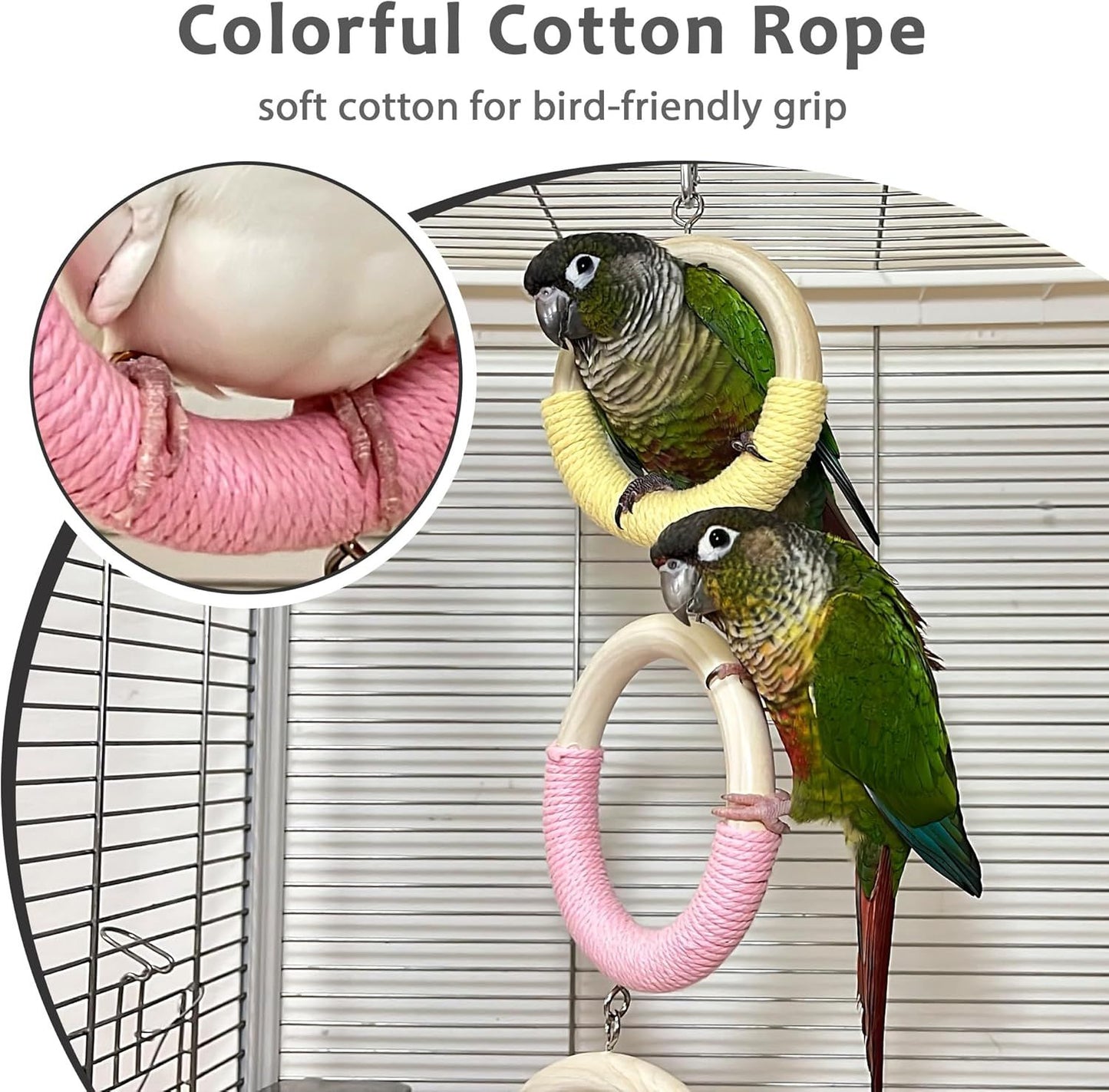 3-Ring Bird Swing Toy, Wrapped with Cotton Rope for Parrots Soft Grip, Thick Wood Parakeet Swing Perch for Cage, Hanging Climbing Bird Toys for 2-3 Parrots Budgies, Lovebirds
