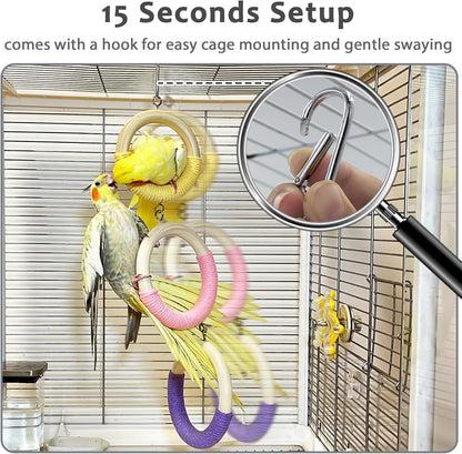 3-Ring Bird Swing Toy, Wrapped with Cotton Rope for Parrots Soft Grip, Thick Wood Parakeet Swing Perch for Cage, Hanging Climbing Bird Toys for 2-3 Parrots Budgies, Lovebirds