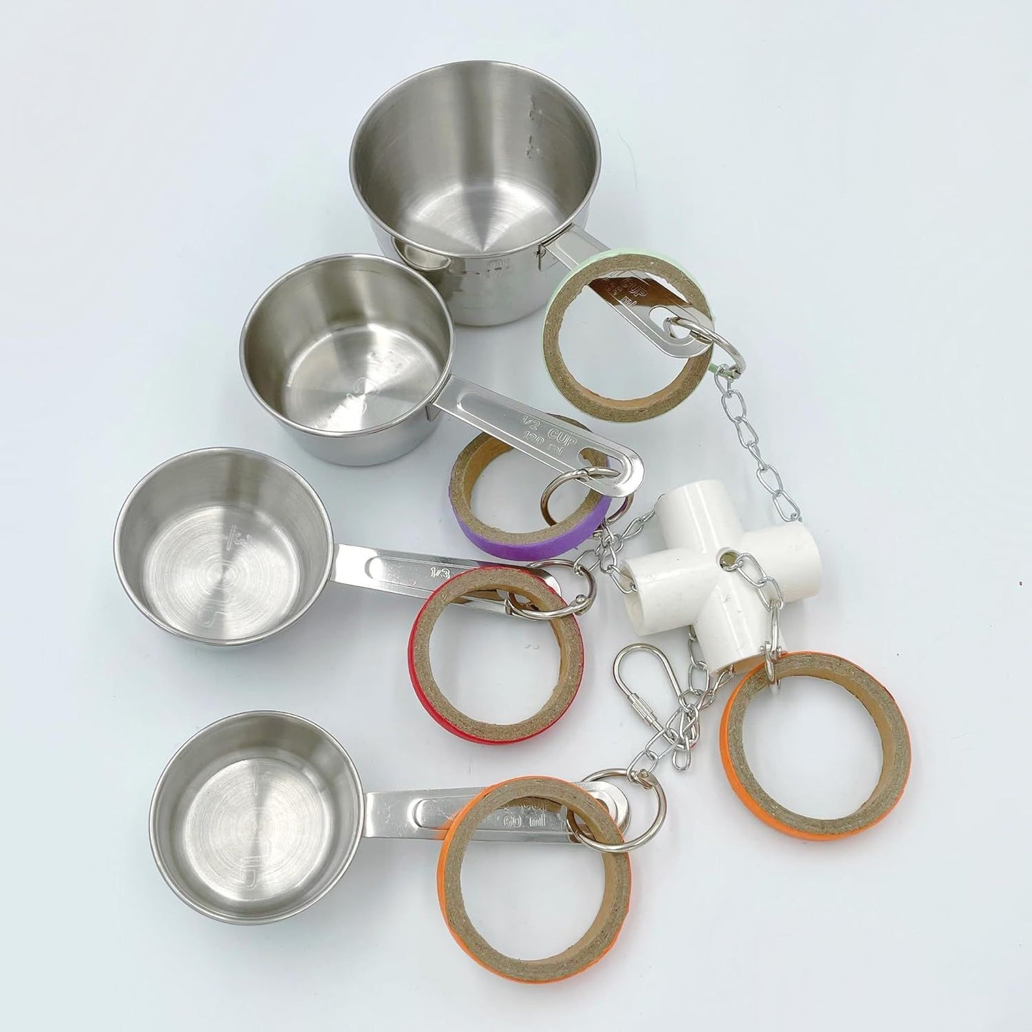 Durable bird parrot pot and bag toy, pullable stainless steel cup and cardboard ring toy, suitable for mini cockatoos, grey parrots, and cockatoos