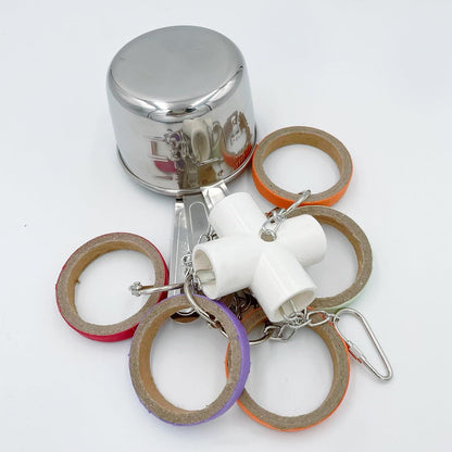 Durable bird parrot pot and bag toy, pullable stainless steel cup and cardboard ring toy, suitable for mini cockatoos, grey parrots, and cockatoos