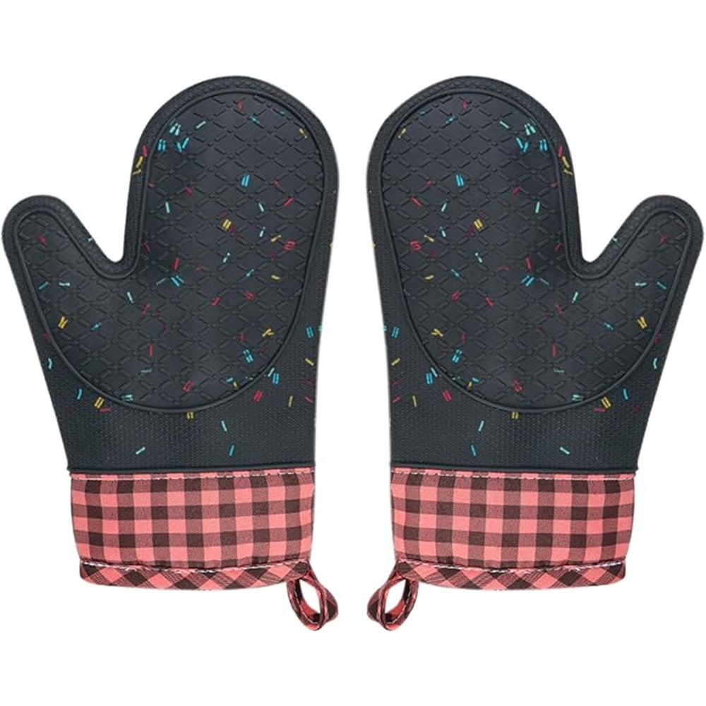 Silicone Oven Mitts Heat Resistant, Non Slip Baking Mittens with Cotton Lining, Cute Confetti Pink Kitchen Decor for Cooking, 2-Pcs Candy Grey