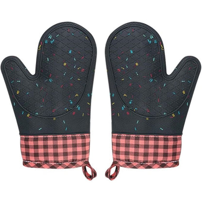 Silicone Oven Mitts Heat Resistant, Non Slip Baking Mittens with Cotton Lining, Cute Confetti Pink Kitchen Decor for Cooking, 2-Pcs Candy Grey