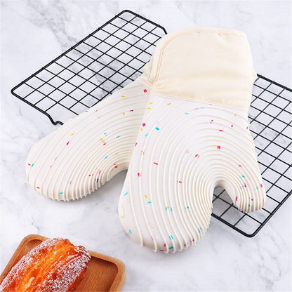 Set of 2 Silicone Oven Mitts Waterproof Shell Oven Mitts for Kitchen for Heat Degrees Washable Kitchen Mittens with Cotton Lining for Cooking Baking Grilling Microwave(Candy White)