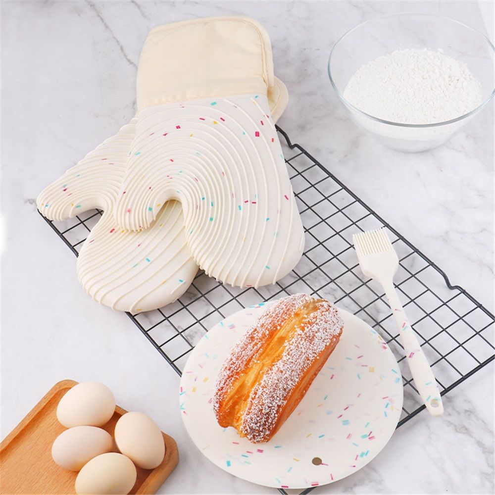 Set of 2 Silicone Oven Mitts Waterproof Shell Oven Mitts for Kitchen for Heat Degrees Washable Kitchen Mittens with Cotton Lining for Cooking Baking Grilling Microwave(Candy White)