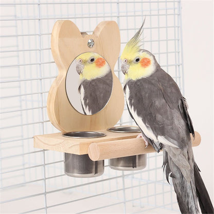 Bird Perch Platform Toy with Mirror, Standing Rack & Bowl - Wooden Play & Exercise Gym Stand, Cage Accessory for Cockatoos, Lovebirds, Budgies, Parrotlets & Canaries