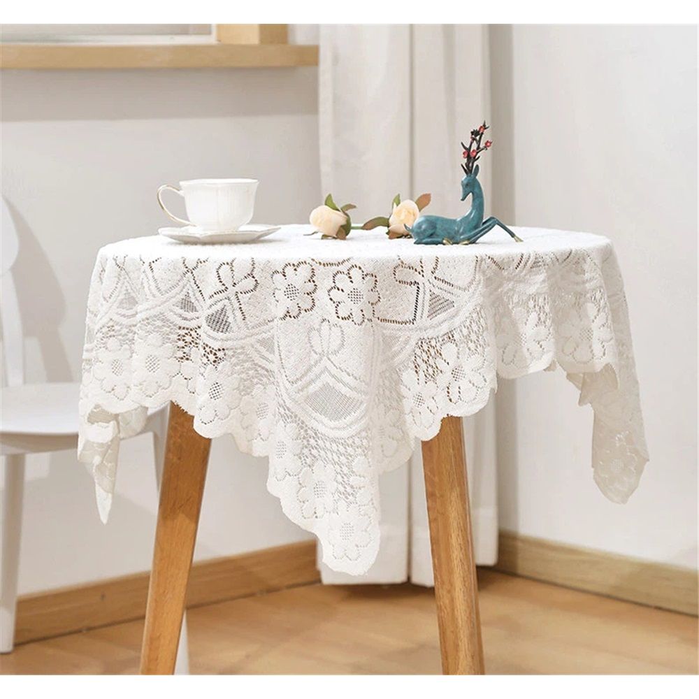 Handmade Crochet lace Table Runners Square Tablecloth Table Dresser Scarf Décor,35.4 inch, for Round Coffee Table, White Laces Fabric Embroidered Tablecloth