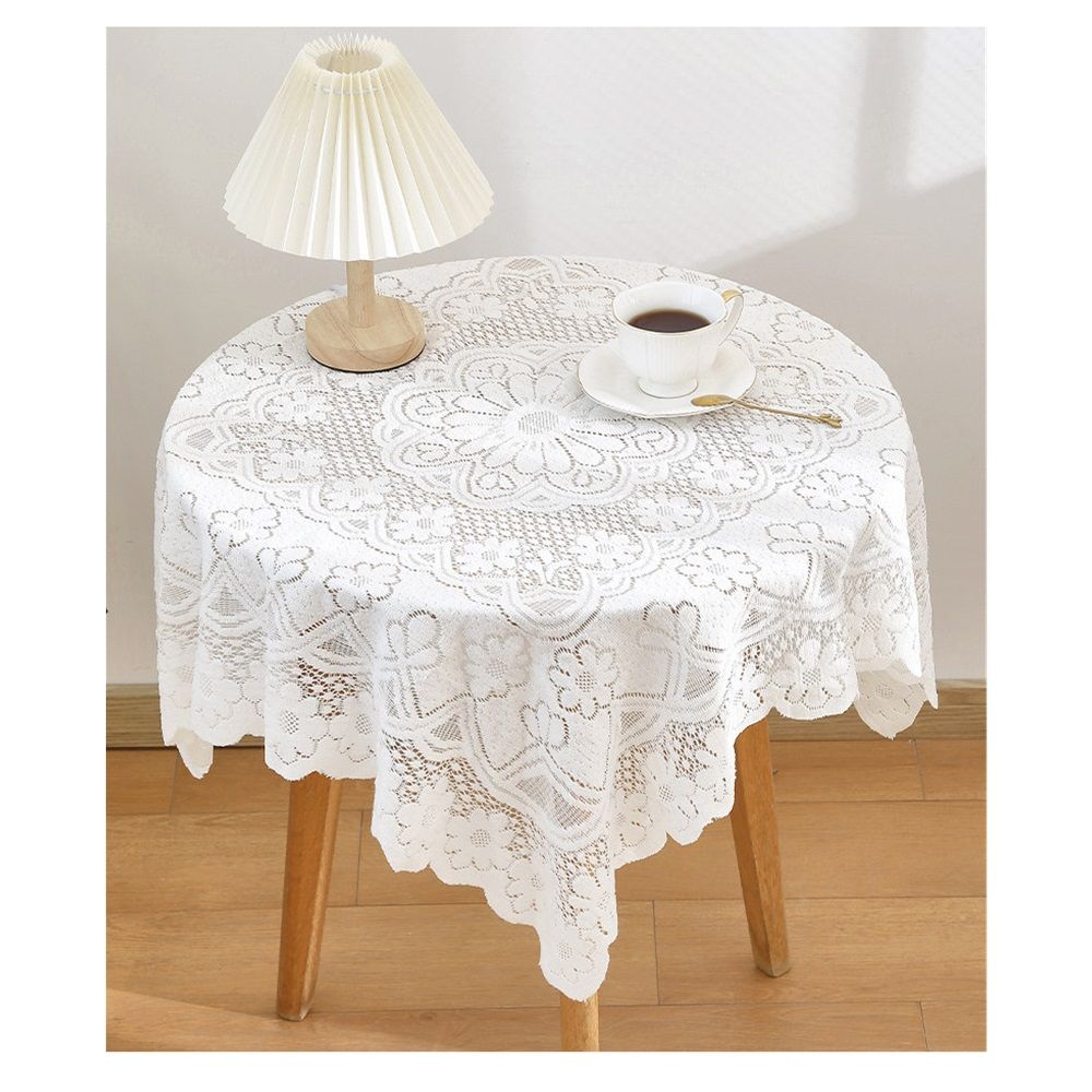 Handmade Crochet lace Table Runners Square Tablecloth Table Dresser Scarf Décor,35.4 inch, for Round Coffee Table, White Laces Fabric Embroidered Tablecloth