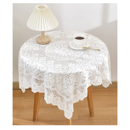 Handmade Crochet lace Table Runners Square Tablecloth Table Dresser Scarf Décor,35.4 inch, for Round Coffee Table, White Laces Fabric Embroidered Tablecloth