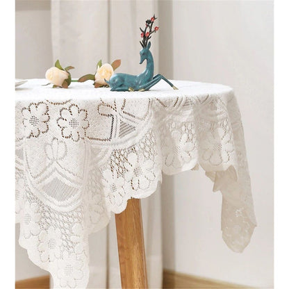 Handmade Crochet lace Table Runners Square Tablecloth Table Dresser Scarf Décor,35.4 inch, for Round Coffee Table, White Laces Fabric Embroidered Tablecloth