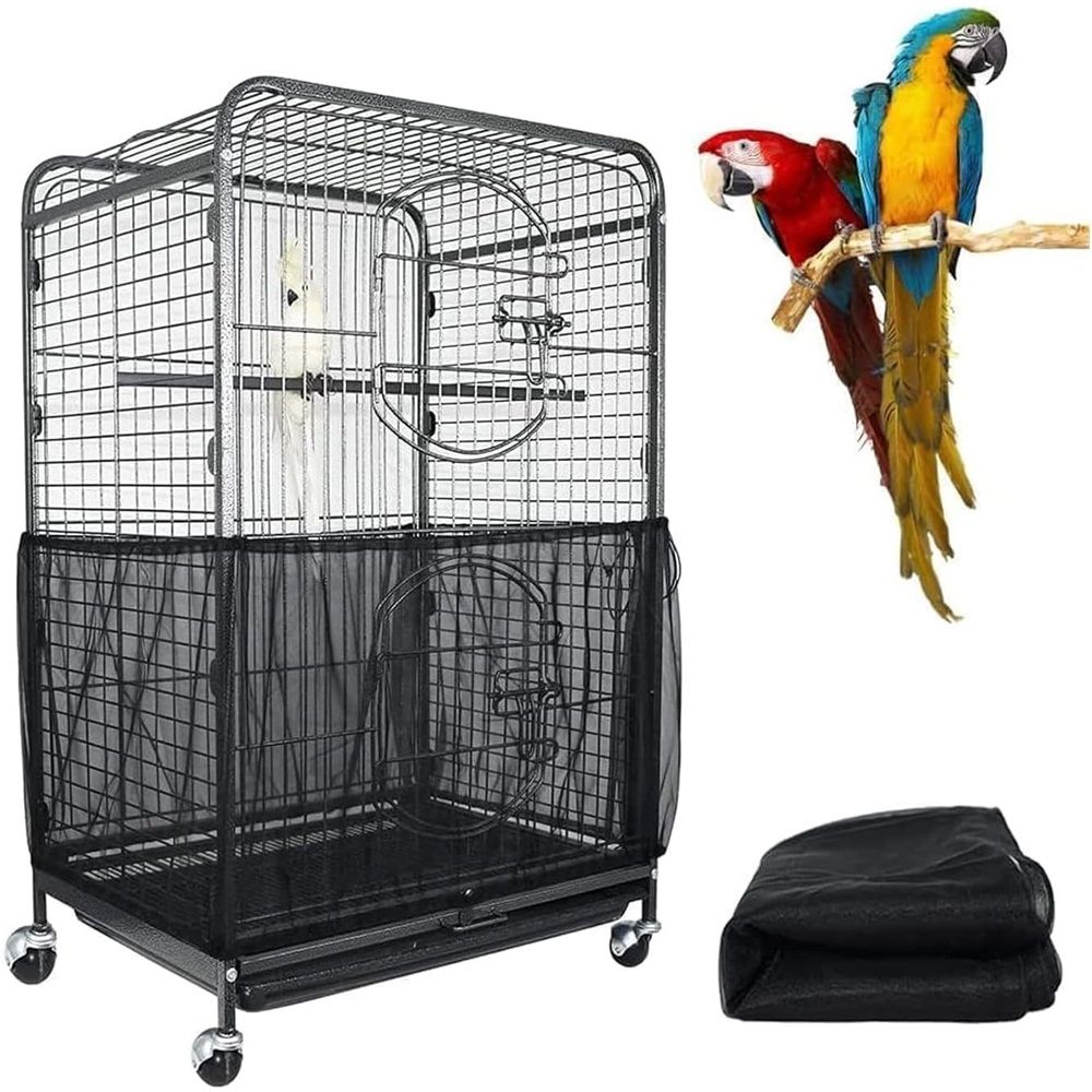 Bird Cage Seed Catcher, Large, Stretchy Form Fitting Mesh Skirt Cover for Parrot Enclosures, Light and Breathable Fabric, Prevent Scatter and Mess, Reusable,Adjustable, Lightweight,Black S