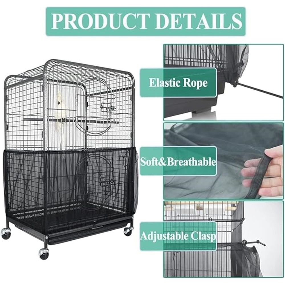 Bird Cage Seed Catcher, Large, Stretchy Form Fitting Mesh Skirt Cover for Parrot Enclosures, Light and Breathable Fabric, Prevent Scatter and Mess, Reusable,Adjustable, Lightweight,Black S