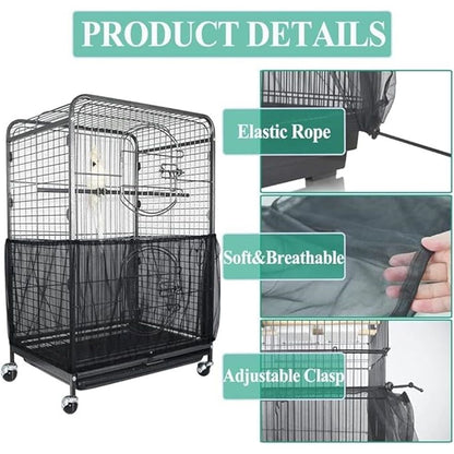 Bird Cage Seed Catcher, Large, Stretchy Form Fitting Mesh Skirt Cover for Parrot Enclosures, Light and Breathable Fabric, Prevent Scatter and Mess, Reusable,Adjustable, Lightweight,Black S