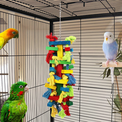 Bird Block Knots Tearing Toy-  Multicolored Natural Wooden Parrot Chewing Toy Suggested for Macaws cokatoos,  Grey and a Variety of  Parrots
