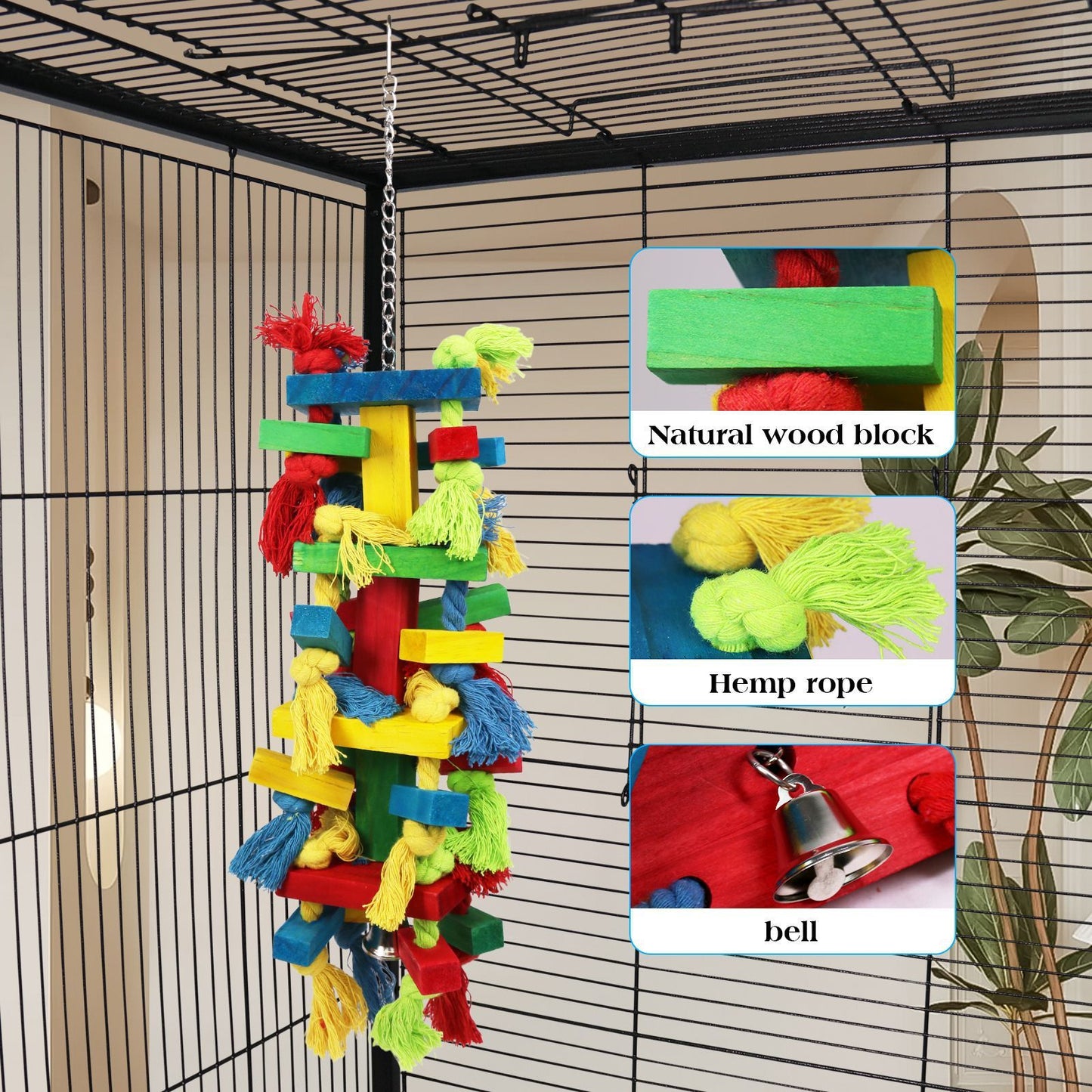 Bird Block Knots Tearing Toy-  Multicolored Natural Wooden Parrot Chewing Toy Suggested for Macaws cokatoos,  Grey and a Variety of  Parrots