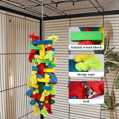 Bird Block Knots Tearing Toy-  Multicolored Natural Wooden Parrot Chewing Toy Suggested for Macaws cokatoos,  Grey and a Variety of  Parrots
