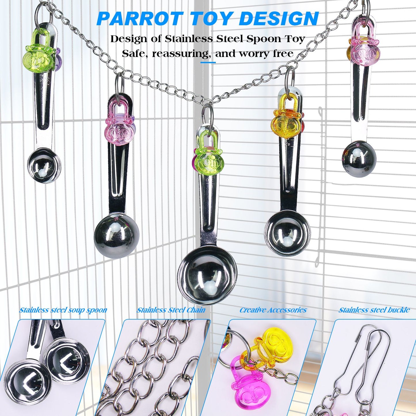 Bird stainless steel  toy, safe and stable spoon chewing toy parrot, long tailed parrot, parrot, parrot colored pendant toy,
