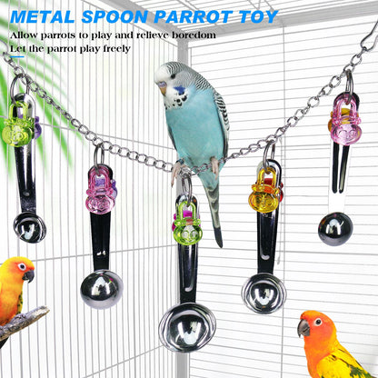 Bird stainless steel  toy, safe and stable spoon chewing toy parrot, long tailed parrot, parrot, parrot colored pendant toy,