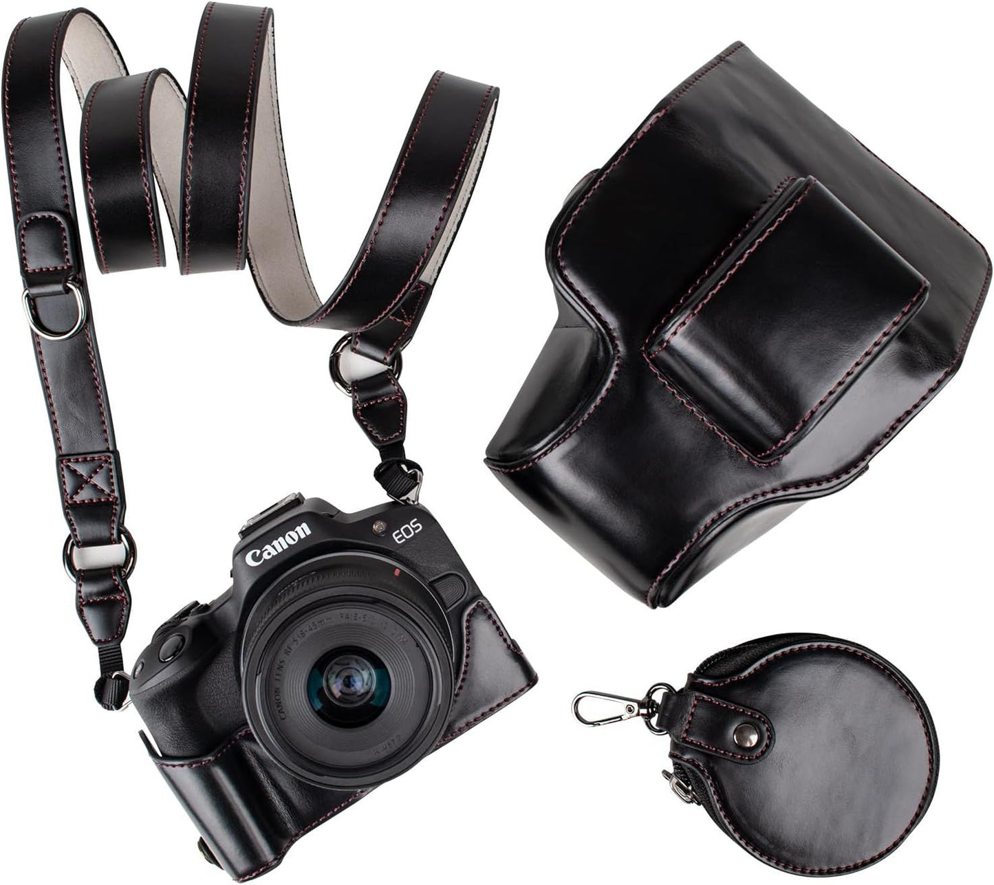 Protective Case for Canon EOS R50/R100 Camera and 18-45mm Lens, PU Leather EOSR50 R100 Camera Bag Including Half Case, Flip Cover, Shoulder Strap and Storage Pocket