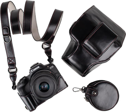 Protective Case for Canon EOS R50/R100 Camera and 18-45mm Lens, PU Leather EOSR50 R100 Camera Bag Including Half Case, Flip Cover, Shoulder Strap and Storage Pocket