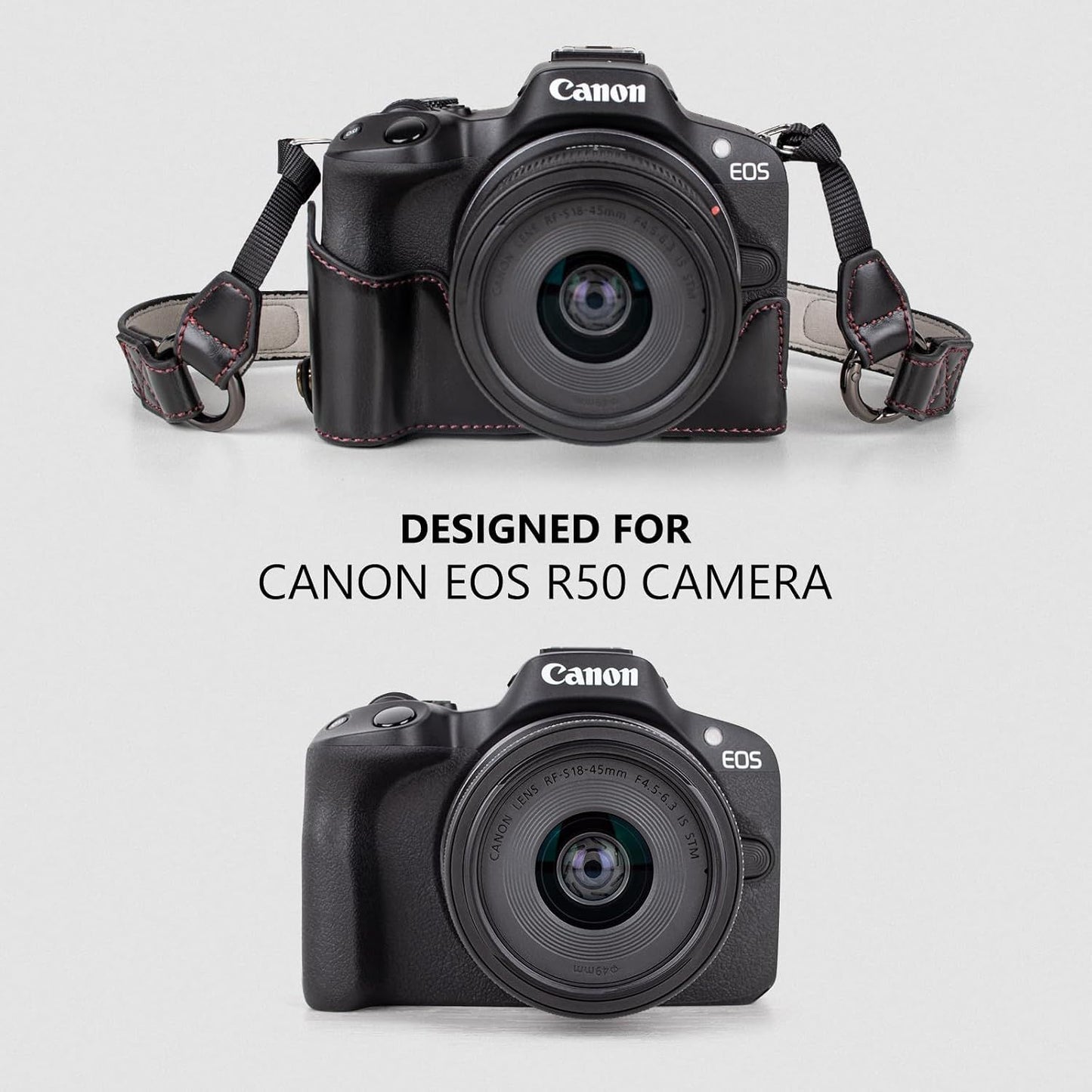 Protective Case for Canon EOS R50/R100 Camera and 18-45mm Lens, PU Leather EOSR50 R100 Camera Bag Including Half Case, Flip Cover, Shoulder Strap and Storage Pocket