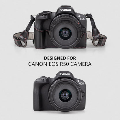 Protective Case for Canon EOS R50/R100 Camera and 18-45mm Lens, PU Leather EOSR50 R100 Camera Bag Including Half Case, Flip Cover, Shoulder Strap and Storage Pocket