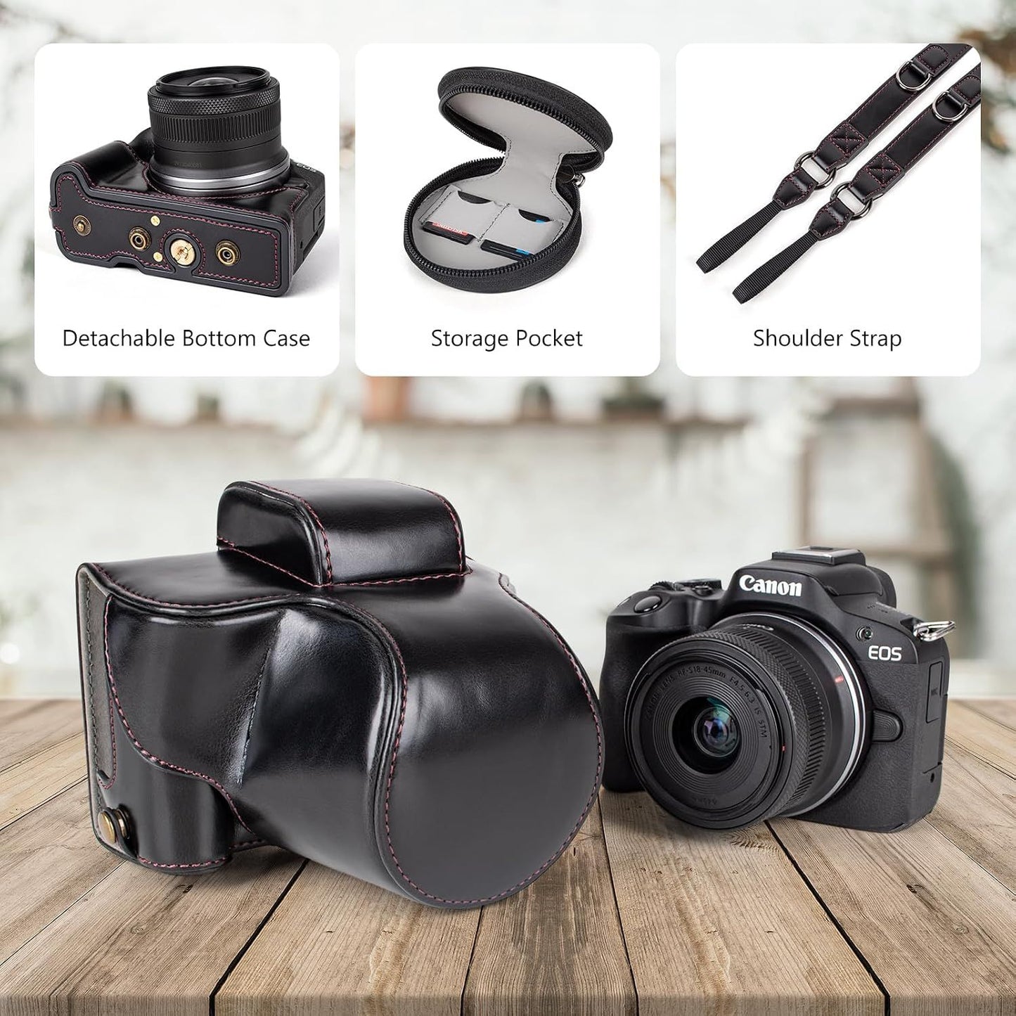 Protective Case for Canon EOS R50/R100 Camera and 18-45mm Lens, PU Leather EOSR50 R100 Camera Bag Including Half Case, Flip Cover, Shoulder Strap and Storage Pocket
