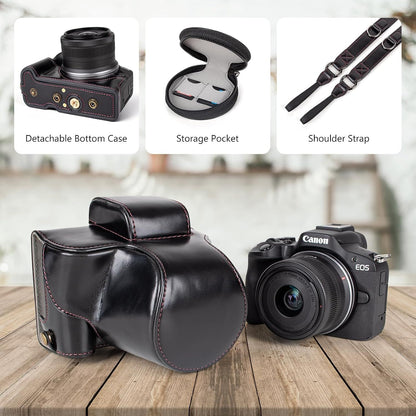 Protective Case for Canon EOS R50/R100 Camera and 18-45mm Lens, PU Leather EOSR50 R100 Camera Bag Including Half Case, Flip Cover, Shoulder Strap and Storage Pocket