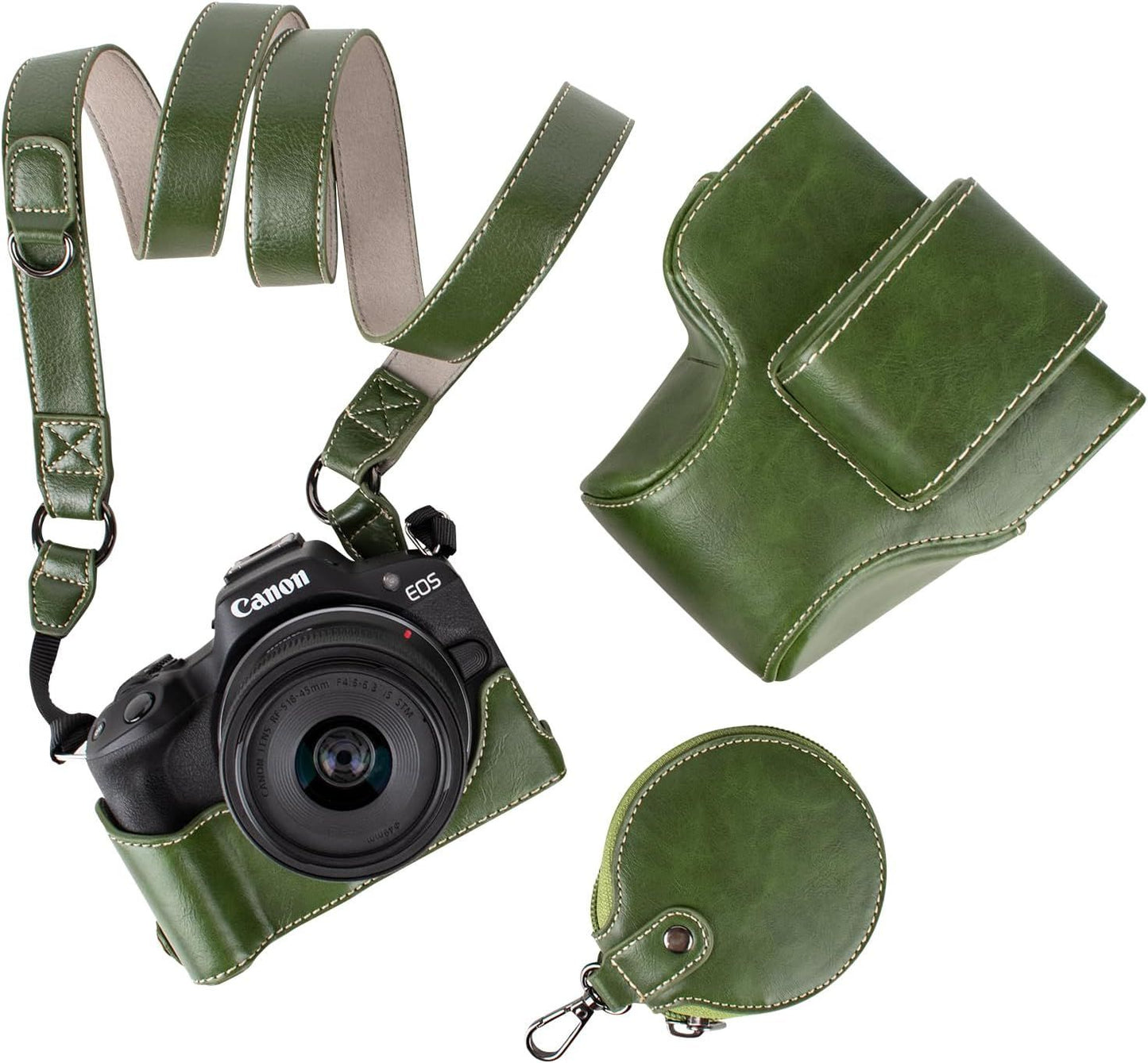 Protective Case for Canon EOS R50/R100 Camera and 18-45mm Lens, PU Leather EOSR50 R100 Camera Bag Including Half Case, Flip Cover, Shoulder Strap and Storage Pocket