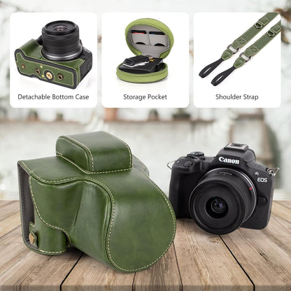 Protective Case for Canon EOS R50/R100 Camera and 18-45mm Lens, PU Leather EOSR50 R100 Camera Bag Including Half Case, Flip Cover, Shoulder Strap and Storage Pocket