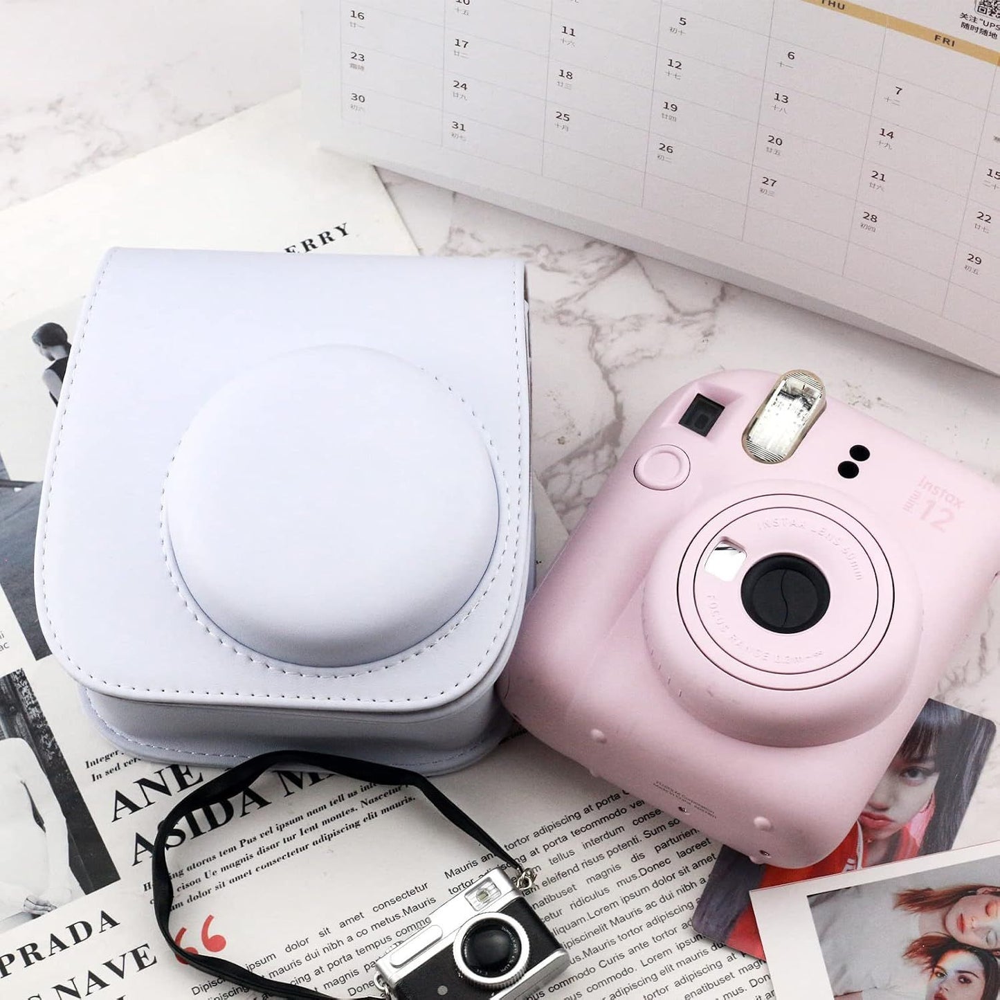 Protective Case Compatible with Fujifilm Instax Mini 12 11 9 8 Instant Film Camera with Pocket and Adjustable Strap (White)