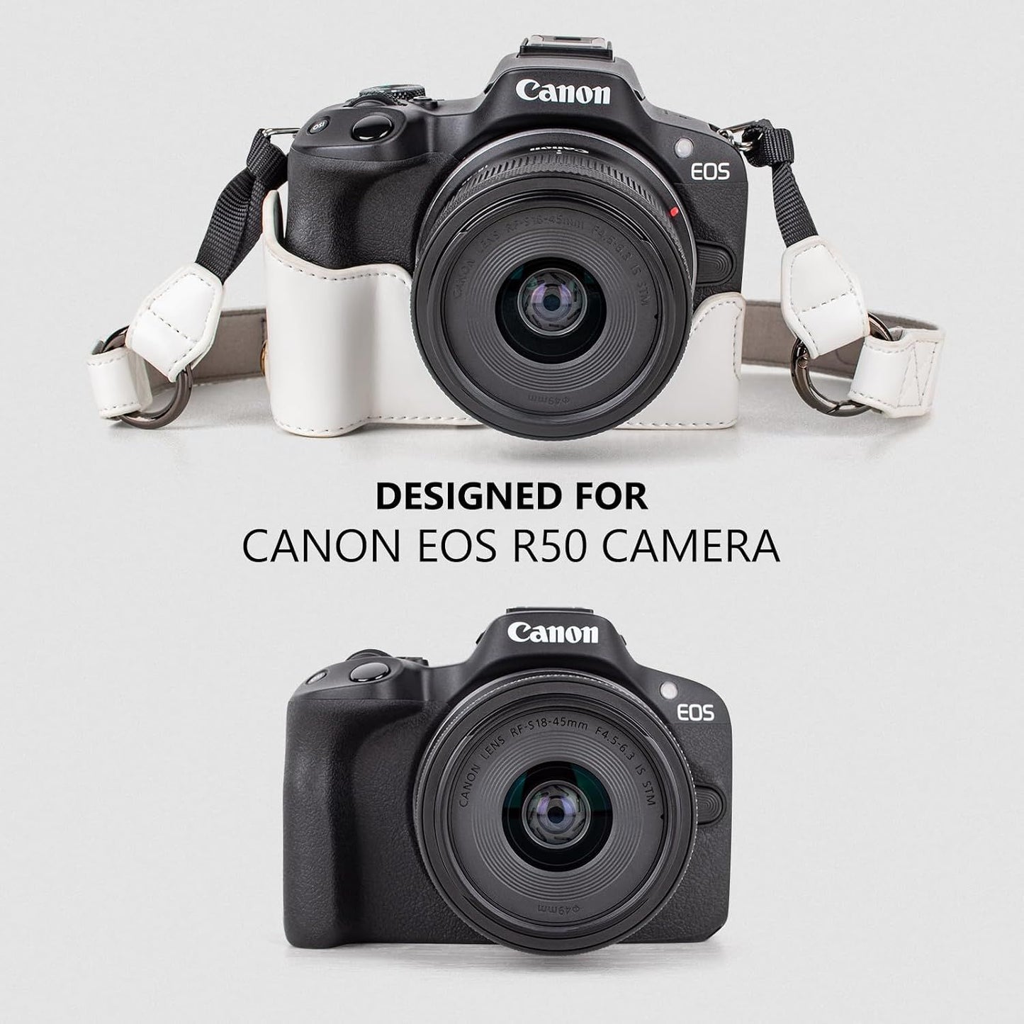 Protective Case for Canon EOS R50/R100 Camera and 18-45mm Lens, PU Leather EOSR50 R100 Camera Bag Including Half Case, Flip Cover, Shoulder Strap and Storage Pocket