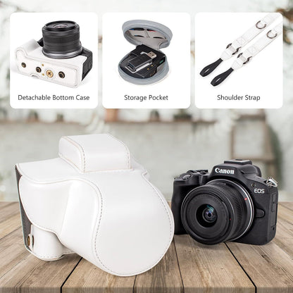 Protective Case for Canon EOS R50/R100 Camera and 18-45mm Lens, PU Leather EOSR50 R100 Camera Bag Including Half Case, Flip Cover, Shoulder Strap and Storage Pocket