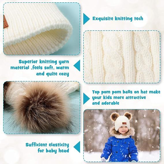 Kids Toddler Winter Pompom Hat Baby Knitted Beanie Hat Faux Fur Pom Beanie Cap for Girls Boys 1-3 Years Old