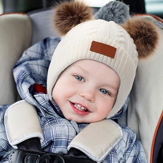 Kids Toddler Winter Pompom Hat Baby Knitted Beanie Hat Faux Fur Pom Beanie Cap for Girls Boys 1-3 Years Old