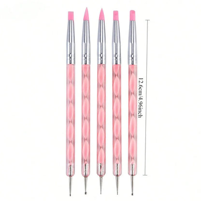5Pcs Acrylic Nail Art Silicone Brush Pink Carving Painting Tips UV Gel DIY Polish Dual Head Modeling Drawing Sculpture Manicure Dotting Tools
