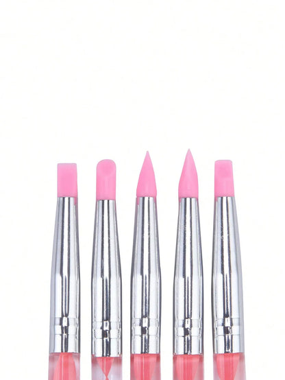 5Pcs Acrylic Nail Art Silicone Brush Pink Carving Painting Tips UV Gel DIY Polish Dual Head Modeling Drawing Sculpture Manicure Dotting Tools