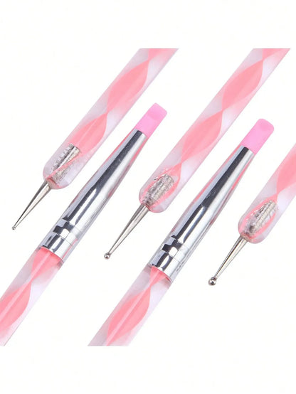 5Pcs Acrylic Nail Art Silicone Brush Pink Carving Painting Tips UV Gel DIY Polish Dual Head Modeling Drawing Sculpture Manicure Dotting Tools