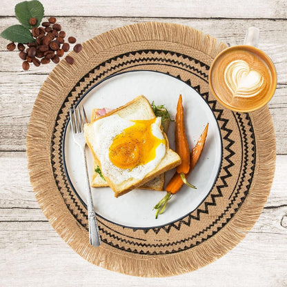 Set of 4 Woven Round Placemat Handmade Table Mats Woven Jute Tassel Mat RetroTable Decor Fringe Cotton Coffee Mat Waterproof