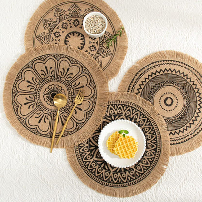 Set of 4 Woven Round Placemat Handmade Table Mats Woven Jute Tassel Mat RetroTable Decor Fringe Cotton Coffee Mat Waterproof