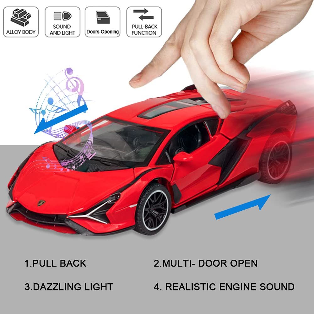 Diecast Toy Car Sports Model Car,Simulation Casting Pull Back Vehicles,1:32 Scale Supercar Toys with Lights and Music Sound (Red)