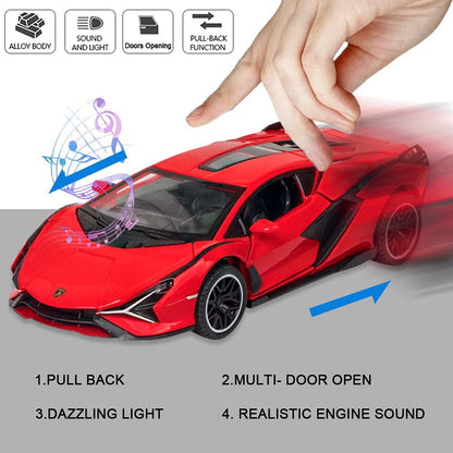 Diecast Toy Car Sports Model Car,Simulation Casting Pull Back Vehicles,1:32 Scale Supercar Toys with Lights and Music Sound (Red)